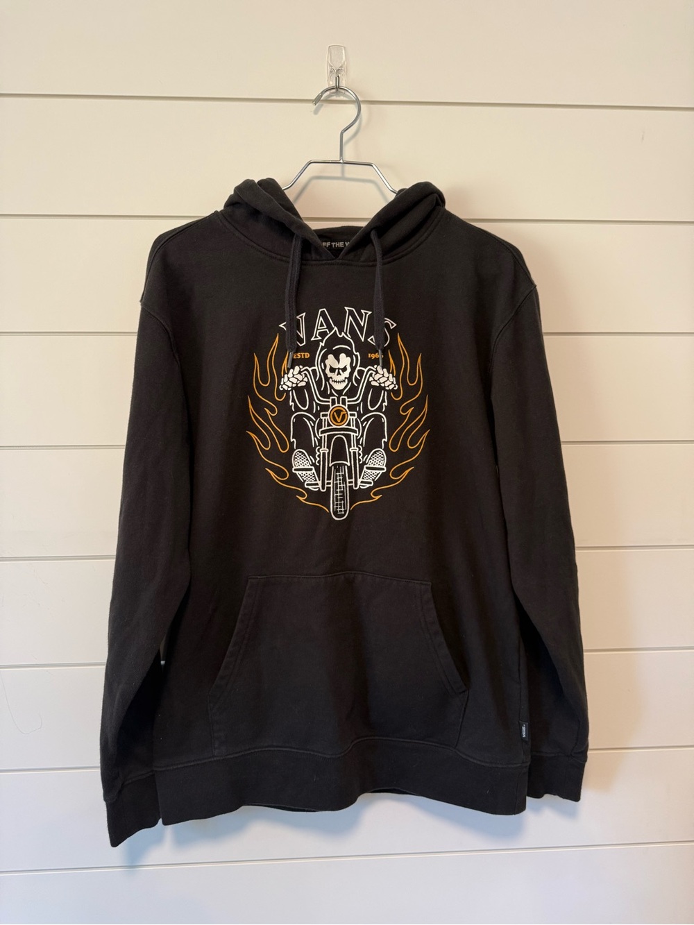Vans Men's Black Graphic Motorcycle Hoodie with Flame Motif Size S